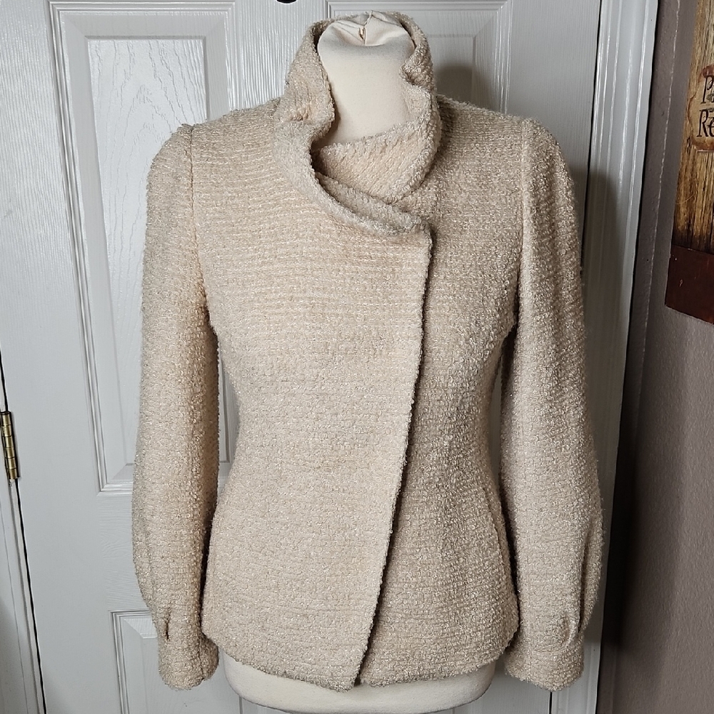 JIGOTT Elegant Cream/Oat Textured Metallic Silver Thread button Down Blazer - Picture 3 of 15